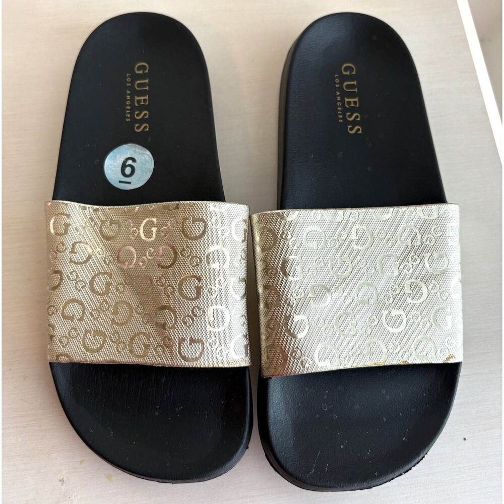GUESS Los Angeles Black & Gold Metallic G Logo Slip-On Slide Sandals Size 6